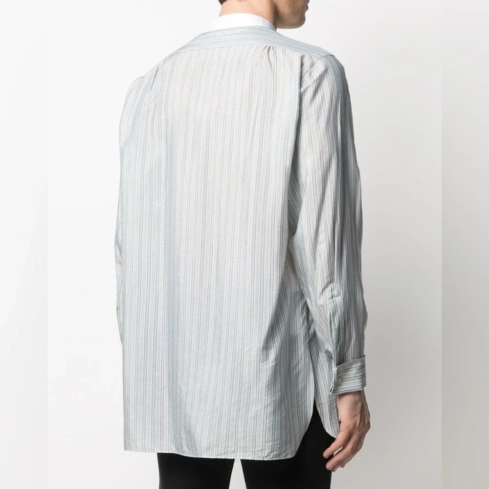 Maison Margiela Blue Pinstriped Band Collar Men’s Long Sleeve Button Up Shirt - Picture 2 of 11